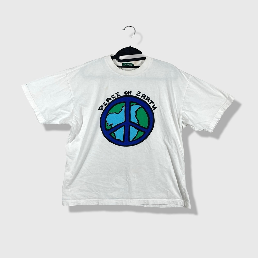 Giordano Peace On Earth T Shirt Mens L White Vintage Retro Streetwear